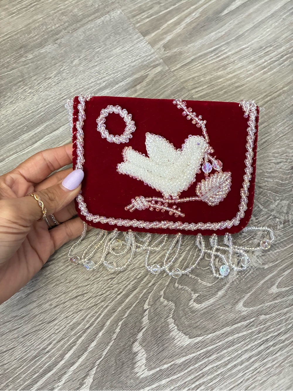 RARE Antique 1900s hand Beaded Red Velvet Evening Clutch with Dove Motif